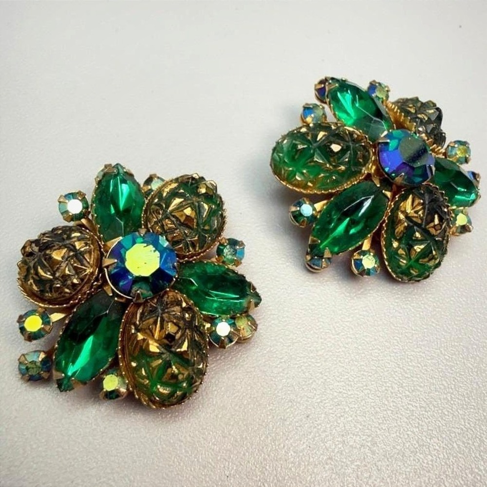Vintage Beau Jewels Green Lava Glass AB Rhinestone Clip On Earrings Large MCM
